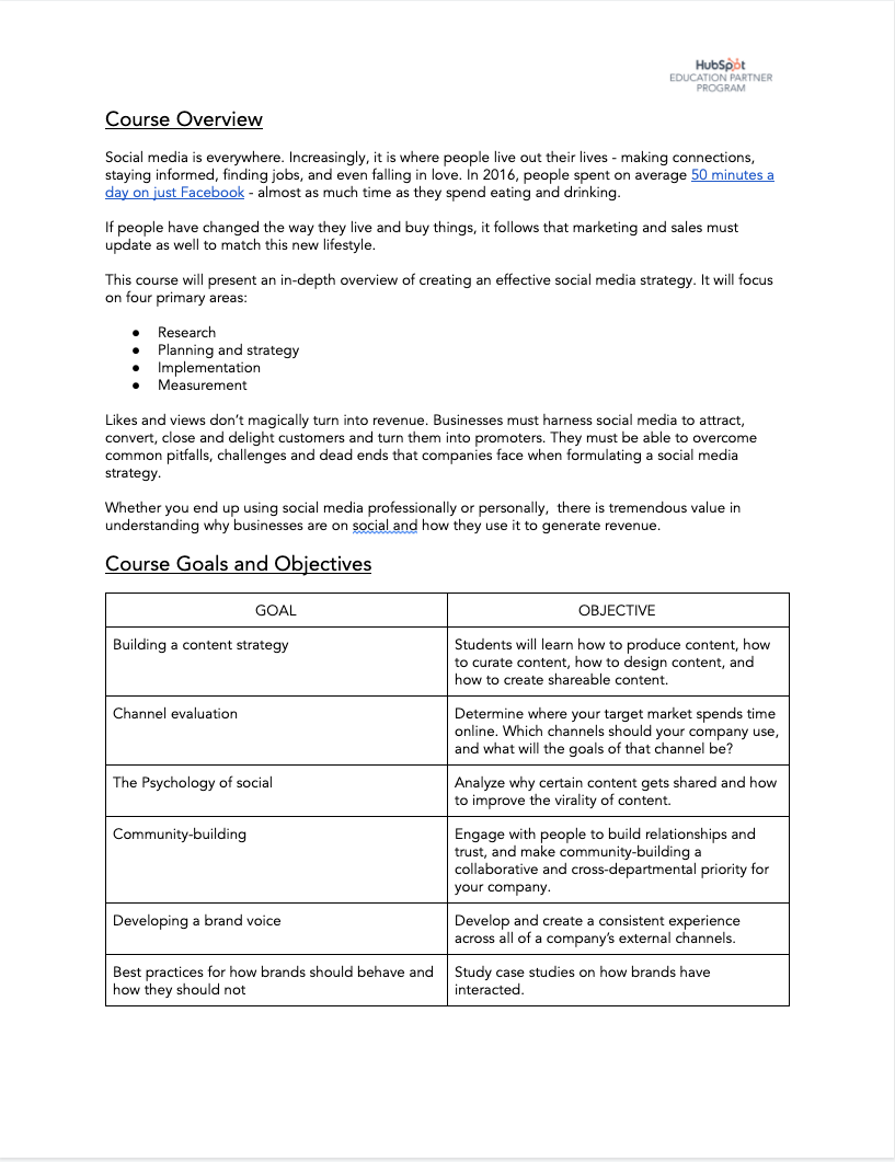 Social Media Syllabus Hubspot Education Partner Program HubSpot Academy
